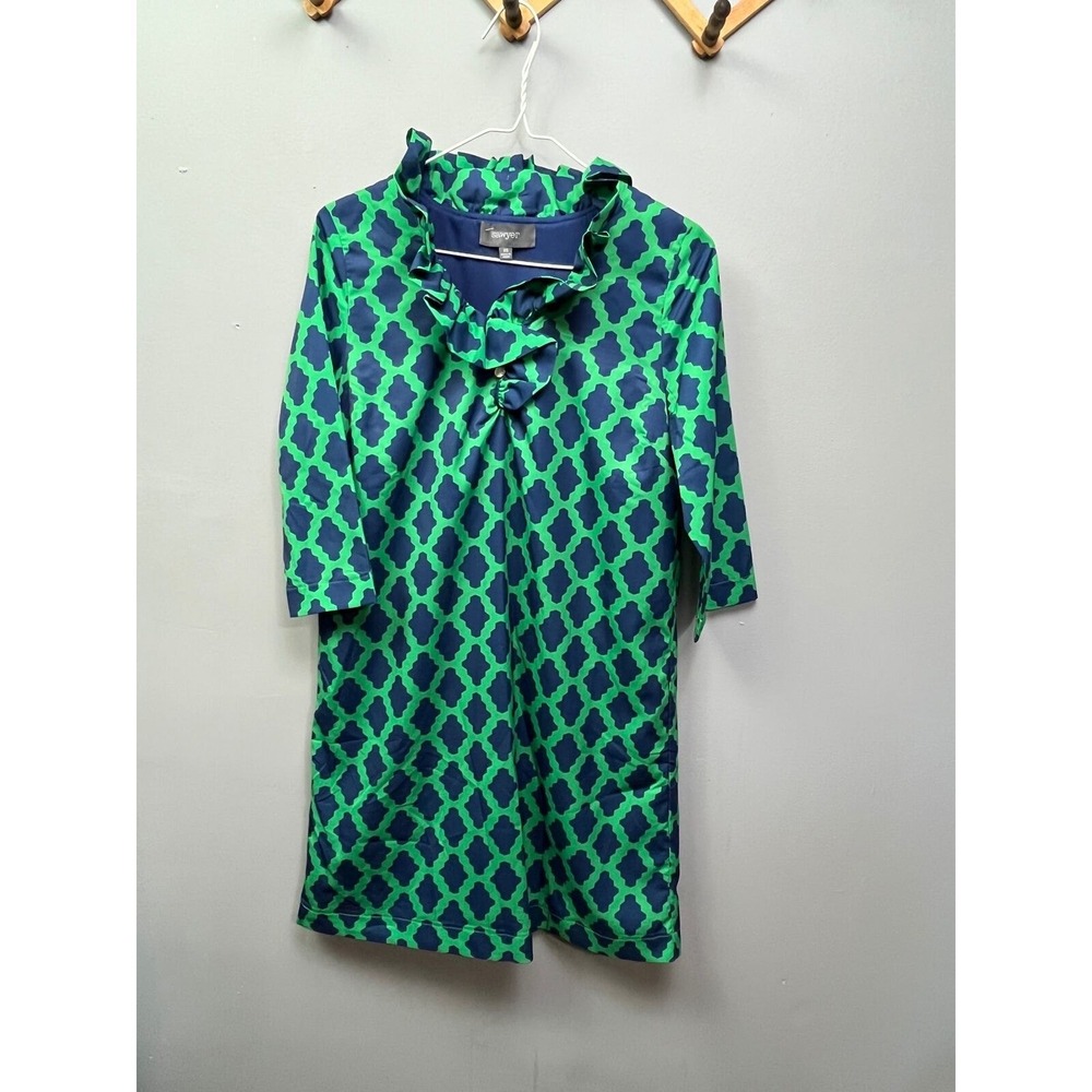 Sawyer Dress Womens XS Green Navy Blue Geometric Ruffle Neck 3/4 Sleeve EDF001